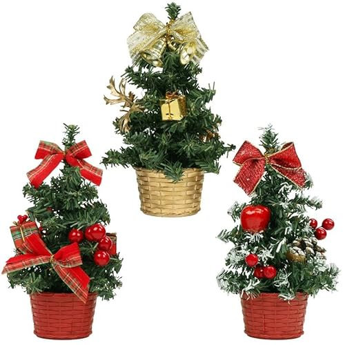 Belle Vous Künstliche Mini Weihnachtsbaum Dekoration Gold und Rot mit LED (3 Stück) - 20 cm - Mini Tannenbaum Dekoriert mit Beeren, Tannenzapfen & Schleifen für Haus, Tisch und Wohnzimmer
