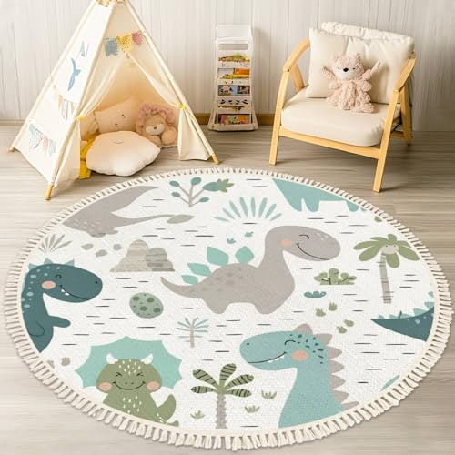 DNEWYNPABV Runde Teppiche, Dinosaurier, Baby, Jungen, süßer Dino, mit Palme und Kaktus, Boho-Teppich, Leinen und Baumwolle, Meditationsteppich, waschbar, Flurläufer, Matte, Akzentteppich für