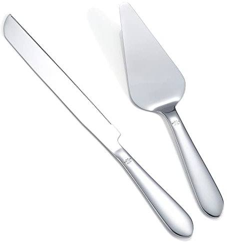 cake Elegant Cutting Set for Weddings, Birthdays, Anniversaries, and Christmas, Featuring Thickened Stainless Steel Rounded Edges, 2 Pcs, Silver, Cake Knife and Server