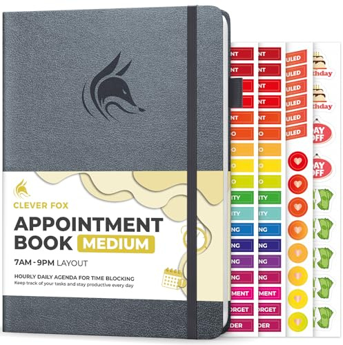 Clever Fox Terminkalender - Stundenplaner mit Zeitschlitzen - Time Box Planer für die tägliche Arbeit & To-Dos - Wochen- & Monatliche Aufzeichnungen, undatiert, Hardcover, A5 Größe (Silber Schwarz)