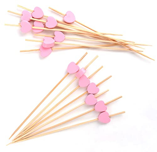 100 Counts Pink Heart Cocktail Sticks, Handmade Wooden Cocktail Skewers, Appetizer Fruit Finger Food Picks for Christmas Valentine's Day Mother's Day Wedding Birthday Party Decorations