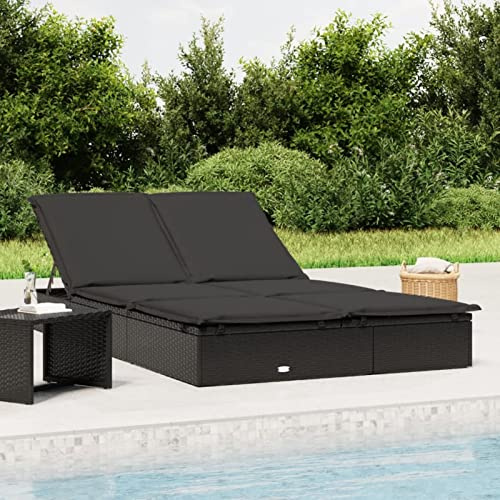 Festnight Doppelliege Outdoor Sonnenliege 2 Personen Gartenliege Rattan Liegestuhl Liege Garten Sonnenbett Loungebett Polyrattan Relaxliege Gartenmöbel Sofabett, Schwarz