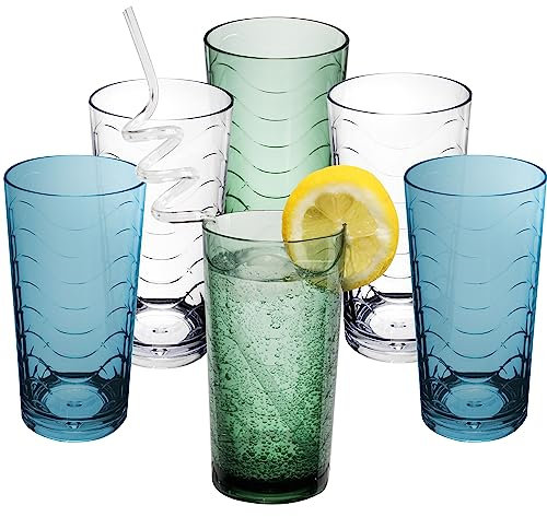 6 x Campingglas aus Acryl 260ml KLAR GRÜN BLAU - Trinkglas Acrylglas Kunststoff Wasserglas | Camping Garten Echtglasoptik Picknick Becher Kinder Senioren Longdrink Coktail