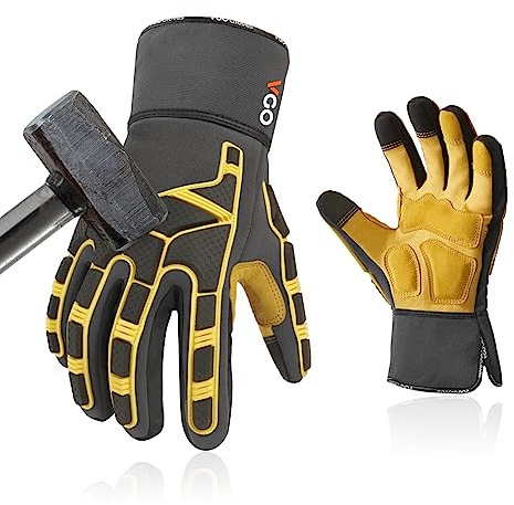 Vgo Pig Leather Work Gloves - Mechanics Gloves with Anti-Vibration, Abrasion Resistance, Palm Patch (1 Pair, XL, Gray, PA7756)