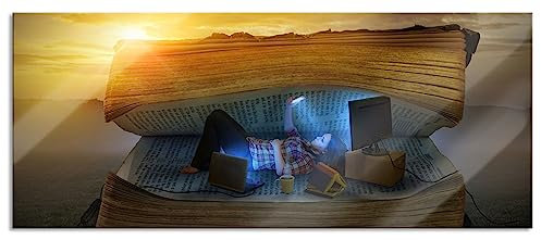 Pixxprint Glasbild Panorama, Wandbild aus Echtglas, Frau in Buch bei Sonnenuntergang, 100x40 cm, inkl. Aufhängung und Abstandshalter