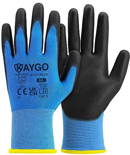 KAYGO Arbeitshandschuhe für Herren Damen 12 Paar, PU beschichtet Schutzhandschuhe, antirutsch Grip an Handflächen und Fingern, Geeignet für allgemeine Arbeit Lager DIY, KG11P (Blau, L, Gr 9)