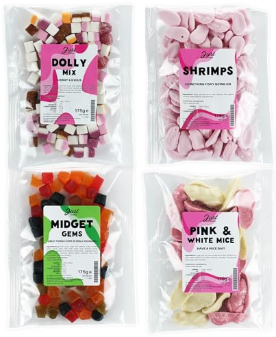 Just Treats Sweet Quartet - Lion Midget Gems, Pink and White Mice, Candy Foam Shrimps, Dolly Mixture (4 x 175g Bags) - 7,11,20,23