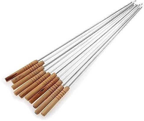 Brochettes de Kebab, 10 pièces brochettes de barbecue de pique-nique en plein air bâton de rôti en acier inoxydable avec aiguille en bois accessoires de cuisine à domicile outils
