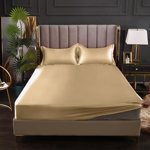 Menkala Satin Spannbettlaken 90x200cm Gold Uni Bettlaken Glänzend Seide Matratzenschoner Glanzsatin Glatt Microfaser Spannbetttuch für Boxspringbett Topper Matratze bis 30 cm