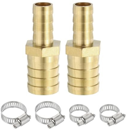 PATIKIL 1/2 to 3/4 Brass Hose Barb Reducer, 2Pcs Barbed Hose Fittings with 4 Stainless Steel Clamps Reducing Splicer Mender Union Adapter for Air Water Fuel