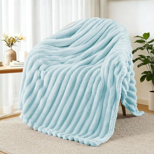 Exclusivo Mezcla Coperta Plaid Pile di Flanella per Divano, 130x150 CM Coperta Letto Singolo con Righe Jacquard, Accogliente e Leggero, Azzurro