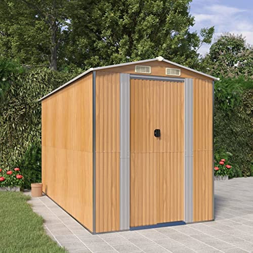 Geräteschuppen, Chaduof Gerätehaus, Fahrradgarage, Gartenhütte, Fahrradunterstand, Gartenhäuschen, Garten Hütte, Fahrrad Unterstand, Hellbraun 192x357x223 cm Verzinkter Stahl