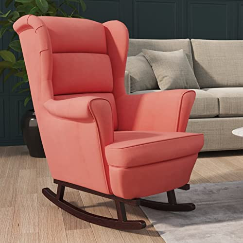 CIADAZ Schaukelstuhl mit Massivholz-Gummibeinen, Sessel Wohnzimmer, Schaukelsessel, Stillsessel, Schwingsessel, Tv Sessel, Ohrensessel, Relaxsessel, Rocking Chair, Rosa Samt
