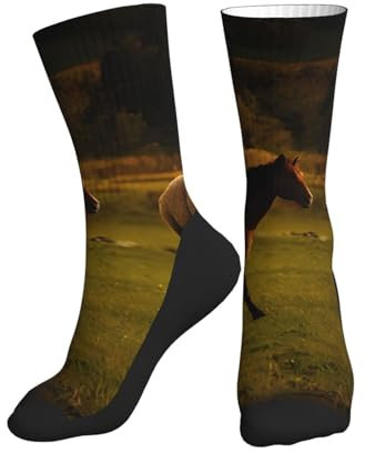ESNAIUVCD Schwarze Pferde rot leuchtende Wolken Print schwarze Sohle Sportsocken mit mittlerer Röhre - die perfekten, lässigen Kompressionsstrümpfe in der Mitte der Wade mit trendigen, modischen