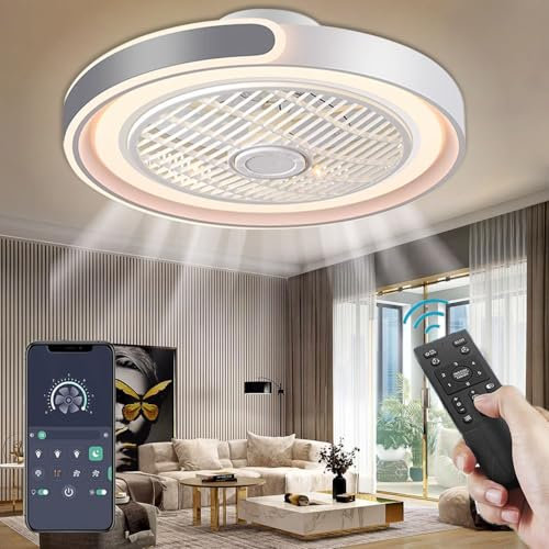 ACJK Ventilatore da Soffitto con Luce e Telecomando, 72W Velocità del Vento Regolabile Luce LED 3000K-6500K Fan Plafoniera LED per Camera da Letto Soggiorno Sala da Pranzo, (Grigio) φ50cm