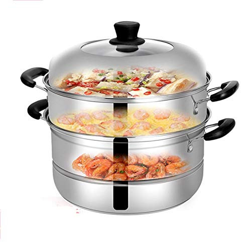 Pentola per Cottura a Vapore in Acciaio Inox a 3 Livelli, pentola per Cottura a Vapore con Coperchio in Vetro temperato, Funziona con Forno Elettrico, a induzione, Piano Cottura con Grill, l