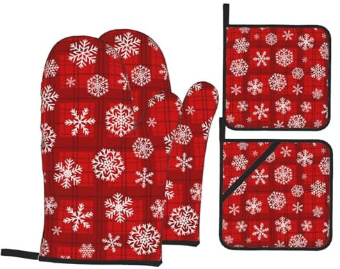 Ofenhandschuhe und Topflappen-Set, weiße Schneeflocken, rot, kariert, hitzebeständig, Küchen-Backhandschuhe, rutschfeste Oberfläche zum Kochen, Backen, Grillen, Grillen