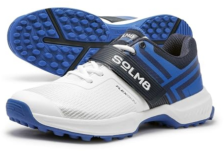 SOLM8 S8 Cricket Shoes with Rubber Spikes – Performance Cleats for Men on Outdoor Turf/Grass, Featuring Wide Toe, Speed-Fit Lacing and New Gel Cushioned Insole White Blue