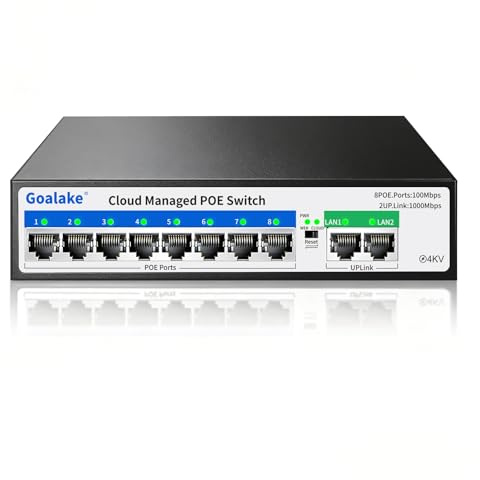Goalake 8 Port 100Mbps PoE Switch with 2 Gigabit Uplink,120W Power,250M Extend,VLAN,QoS,Desktop/Wall Mount,Fanless Metal,Plug and Play