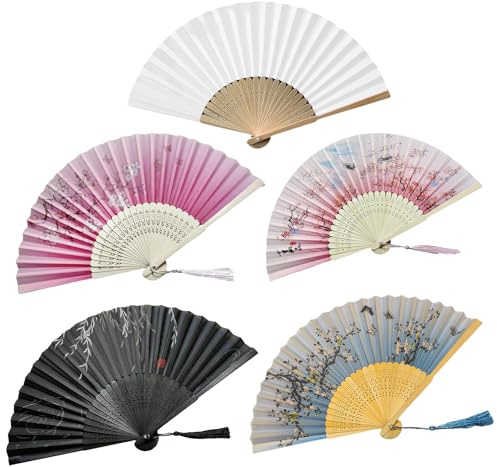 Roinaid 5 Stück Handfächer Faltbare Fächer Handfächer Holz Geschnitzten Bambus Handheld Faltfächer Hand Fan Fächer Festival für Tanz Party Hochzeit Geschenke DIY Dekoration Haus Dekorationen