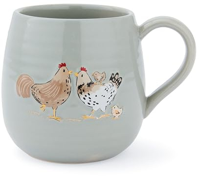 Cooksmart Hen House Lane Sage Belly Tasse, Farmhouse Steingut, geripptes und geprägtes Hennen-Design, rustikale Teetasse für Zuhause und Küche, spülmaschinen- und mikrowellengeeignet, 400 ml