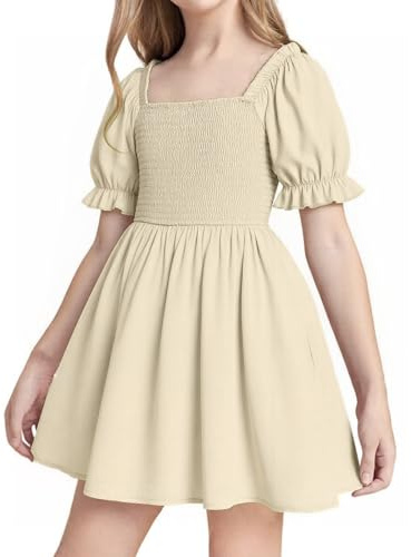 JiAmy Abito Elegante Bambina Scollo Quadro Maniche a Lantern Corti con Volanti Design a Pieghe sul Busto e Vita Alta per 7-8 Anni, 130