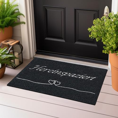 Majo Lifestyle und Home® Fußmatte rutschfest waschbar Flur-Matte dünne Haustür-Matte, Schmutzfangmatte für innen und außen, Fussabtreter Eingangsbereich (ANTHRAZIT Hereinspaziert, 40x60 cm)