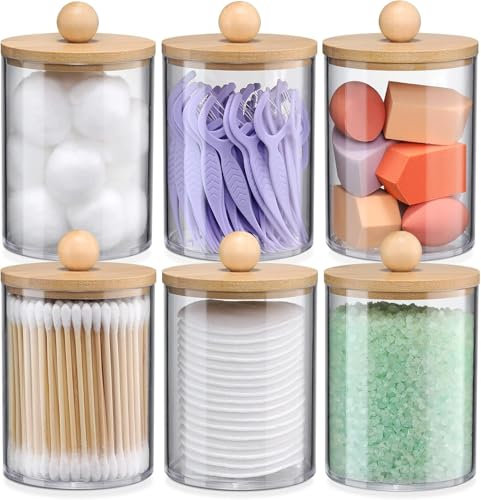 LATERN 6Pcs Cotton Pad Holders with Bamboo Lid, 10oz Acrylic Qtip Holder Bathroom Canisters Jar Dispenser Cotton Swab Ball Pad Holder for Vanity, Small Qtip Container with 12Pcs White Labels