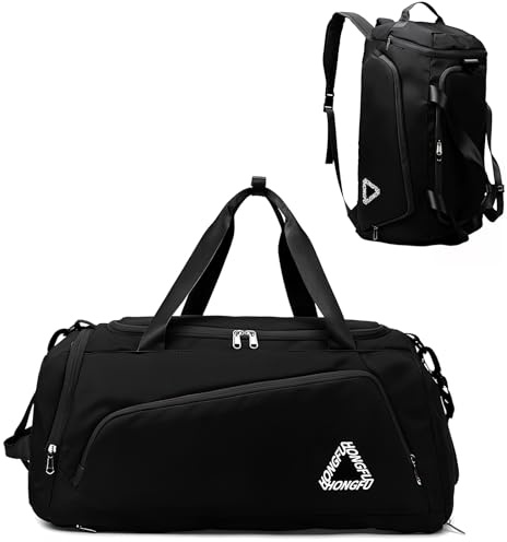 SUNSEATON Borsone Palestra Uomo Donn, Borsa Sportiva con Porta Scarpe e Tasca Umida da Viaggio, Duffel Bag Impermeabile per Fitness, Piscina, Campeggio, Viaggi (Nero)