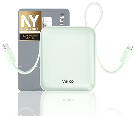 Mini Batterie Externe avec Cable IntéGré, 22,5 W Small Power Bank 10000mAh, USB C Chargeur Externe Rapide, Petit Chargeur Portable Affichage LED, Compatible avec iPhone, Samsung, Android (Vert)
