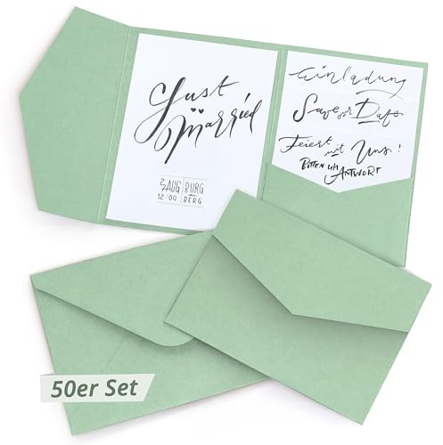 Japun - Pocketfold, Tarjetas de papel kraft en blanco plegables de bolsillo que incluyen sobres (DIN B6), boda, invitación - verde - 50 piezas