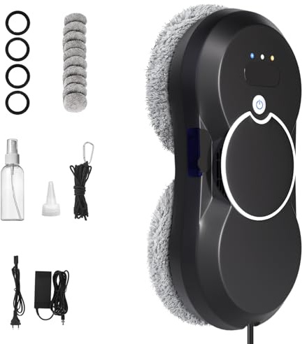 Sinbide Robot limpiador de ventanas, robot lavado de cristal automático con tres modos de limpieza, doble pulverización de agua, sistema de seguridad y 10 paños para todas las superficies lisas (Negro