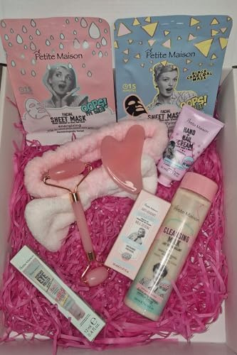 Set de Cuidado Facial, Kit de Belleza con dos Mascarillas faciales, Leche limpiadora, Crema de Manos, Serum facial antioxidante, Contorno de ojos, Rodillo Facial, Cinta para el pelo.