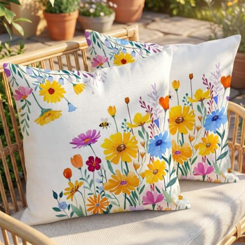 JANGYUHH 2er Set Outdoor Kissen 40x40 cm Kissenbezug Wetterfest Modern Farbe Blumen Dekokissen Sommer Gelb Kissenbezüge für Garten Sofa Couch Wohnzimmer Schlafzimmer Doppelseitiges Muster Kissenhülle