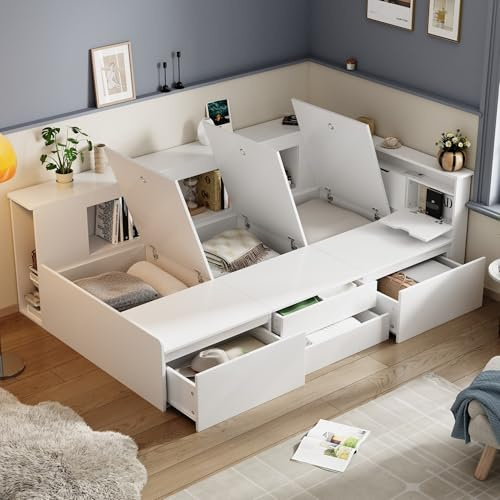 TOBIDOEN Holzbett Tagesbett 90x200 cm mit Bettkasten, 4 Schubladen, Bücherregal und Stauschrank, Multifunktionales Stauraumbett mit reichlich Stauraum, Kinderbett Jugendbett, Daybed, Weiß