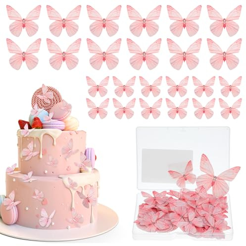 72Pcs Edible Butterfly Cupcake Toppers Butterfly Cupcake Picks Cake Toppers Decorations for Theme Baby Shower Kids Birthday Party Cake Supplies Pink
