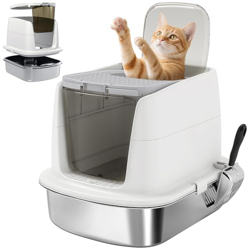 PawHut Katzenklo Edelstahl mit Deckel XL 52,4 x 41,3 x 39,8 cm Weiß | Katzentoilette aus Edelstahl mit Deckel, Schaufel, Tablett, für Katzen bis 6 kg