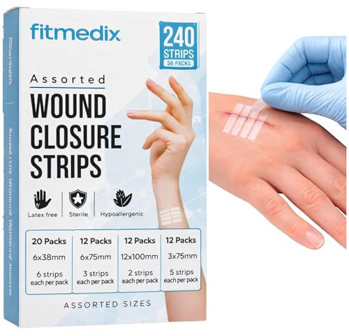 FitMedix Sterile Wound Closure Suture Strips Assorted - 4 Sizes (240 Strips / 56 Packs) Latex-Free, Hypoallergenic Skin Closure Strips for Minor Cuts, Lacerations & First Aid Kit