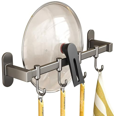 RETSAMV Hakenleiste Küche ohne Bohren mit Messerhalter und Topfdeckelhalter, Küchenutensilienhalter Wand aus Edelstahl für Küche Bad Wohnzimmer Wandmontage (Single rod 4 hooks)