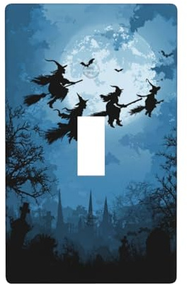 Witches Flying On Broomsticks Full Moon Light Switch Cover Decorative Single Toggle 1 Gang Wall Plate For Kitchen Farmhouse Bedroom Bathroom Art Decor