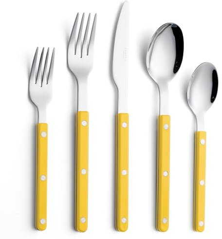 ANNOVA Ensemble de couverts, rétro/rivets, manches colorés, couverts de table en acier inoxydable, ensemble d'ustensiles de cuisine (Jaune, 10 Pièces)