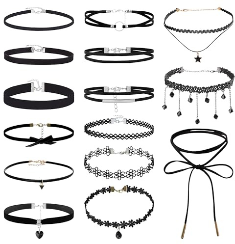 PYSEOSISE Choker Halskette Schwarz, 15 Stück Choker Kette Damen, Verstellbare Samt Choker Halsband Schwarz Velvet Halsband Damen für Täglich Party Halloween Cosplay
