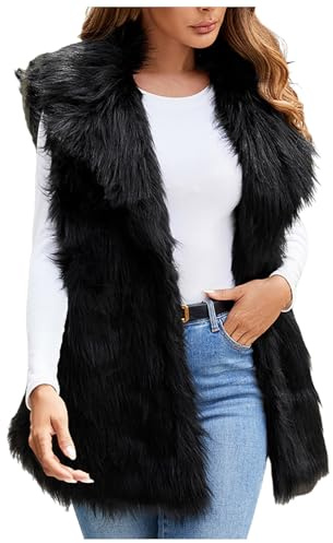 Generisch Pelz Weste Damen Kunstpelz Ärmellose Westen Elegant Flauschig Fellweste Kunstfell Kuschelig Fleeceweste Leicht Plüschweste Fell Fleece Hüftlang Pelzjacke Übergang Revers Pelzweste