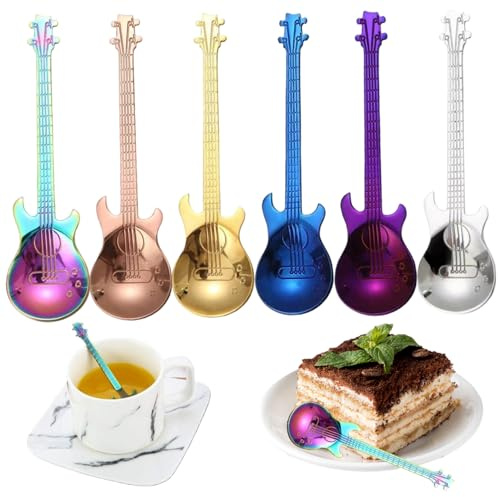 Cuillères à dessert, cuillères à guitare 6 pièces 6 couleurs 304 café en acier inoxydable 5 pouces dessert créatif et unique poli facile laver mignon pour la maison, le café, le bureau, mignon