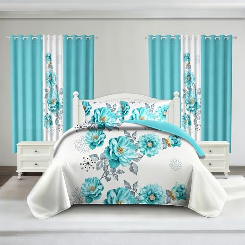 Deepsleep Queen Size Bedspread Set 9 Pieces, Sapphire Flower | All Season, Luxury Bed in a Bag for Bedroom, with 2 Pillowcases and 6 Curtains, Soft Microfiber for Complete Bedroom Decor