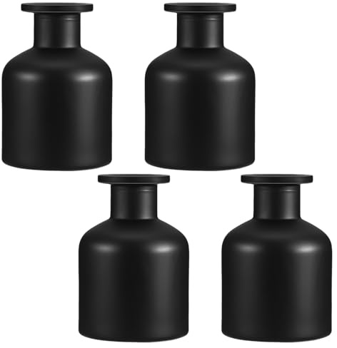 HAMPPLIES 4 Piezas Botellas Difusoras de Vidrio Negro Mate de Frascos Redondos para Aromaterapia DIY con Base Estable Recipientes Vacíos para Aceites Esenciales y Decoración Hogar