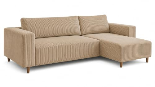 MARPUR Ecksofa mit Schlaffunktion & Bettkasten – Cord Beige – 249x142 cm – Eckcouch L-Form – Schlafsofa Wohnlandschaft – Ottomane Universal – Couch