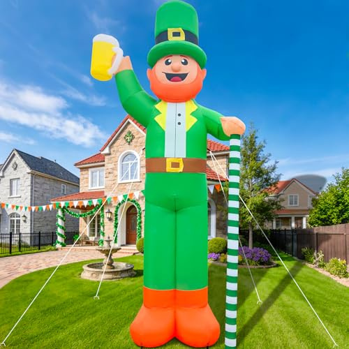 Leprechaun gonflable géant pour la Saint-Patrick avec chope de bière et canne à bière avec lumières LED intégrées 3,7 m