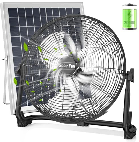 Solar Powered Fan - 16 High Velocity Rechargeable Cordless Floor Fan with 60H Runtime Battery, Solar Panel/AC Charging Portable Outdoor Metal Industrial Fans for Home Camping Trip Hurricane Outage