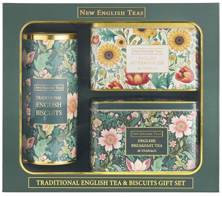 New English Teas Floral Tea & Biscuits Gift Set | 80 English Breakfast Tea Bags + Cornish Fairings Biscuit Pack